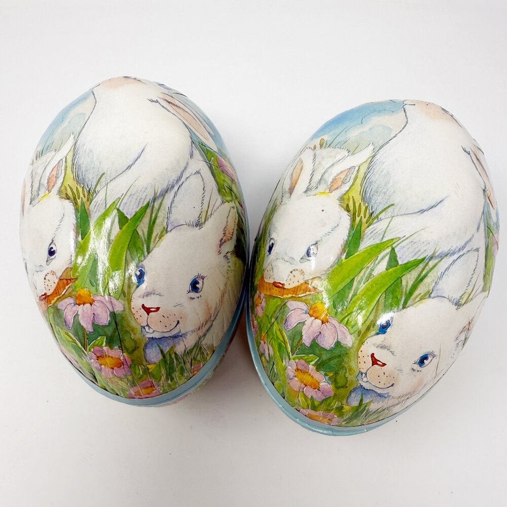 Vintage See's Paper Mache Easter Egg Containers Bunny 6" Spring Set of 2 NEW